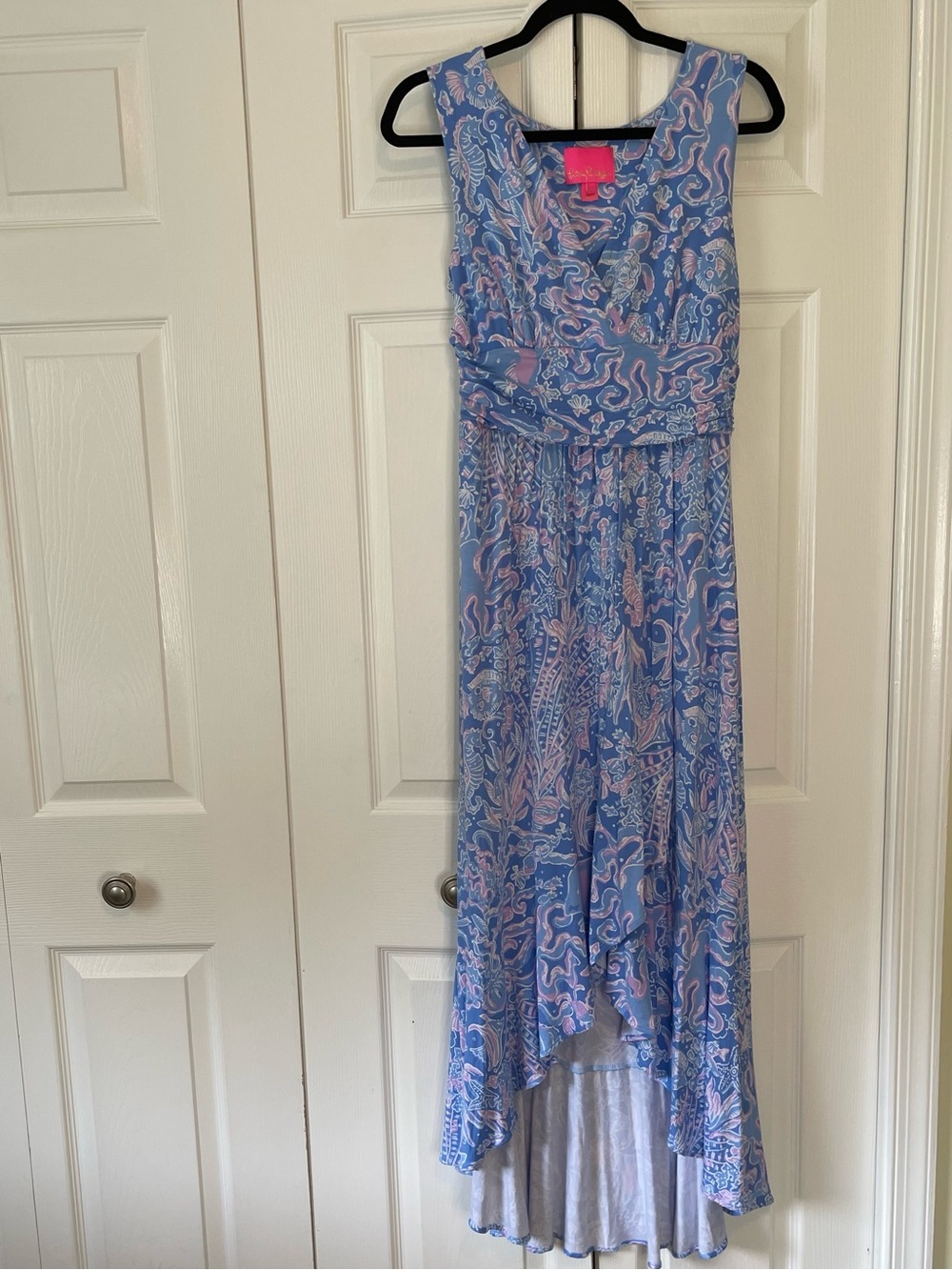 Lilly Pulitzer Midi Dress Blue Pink Ocean Print Sleeveless Coastal Preppy M